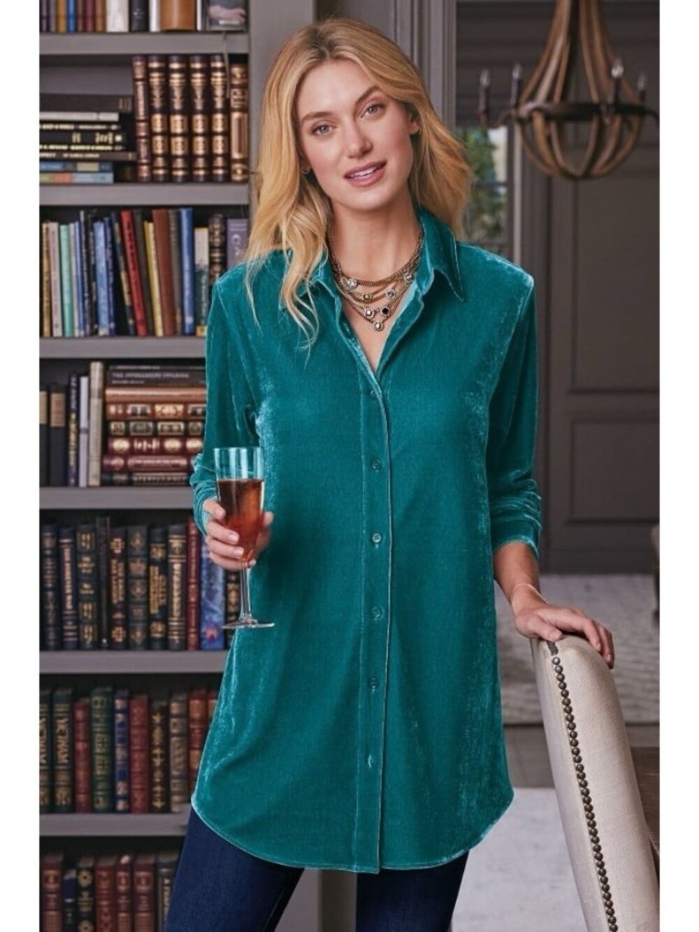 Soft Surroundings Velvet Boyfriend Tunic Shirt Teal Womens Size Medium